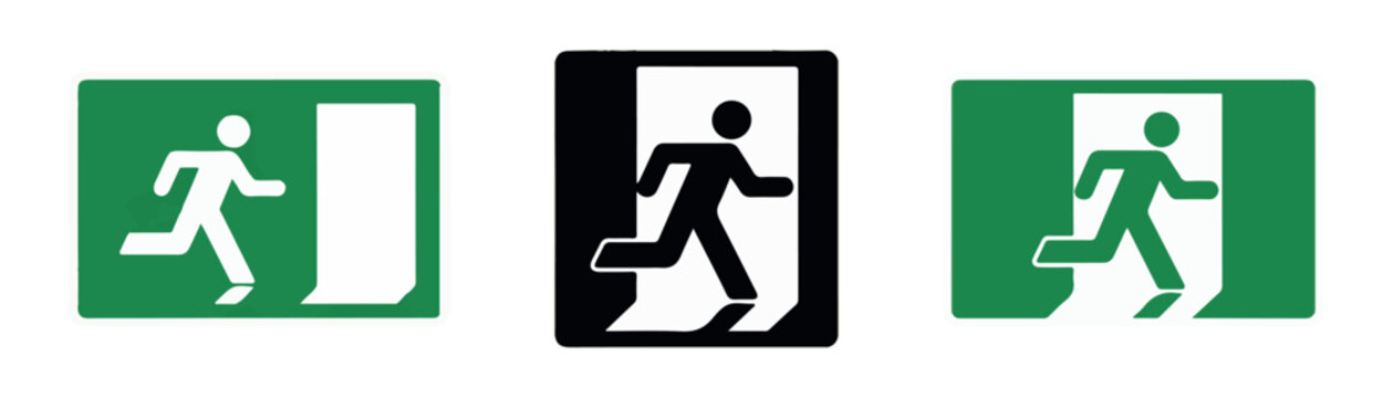 Emergency fire exit signs with running human silhouette for building safety and evacuation instructions.