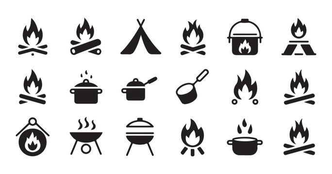 Camping bonfire cooking and outdoor activities equipment icons set for travel and exploration graphics.