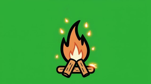 Cute Cartoon Campfire Burning in Center on Green Screen Animation
