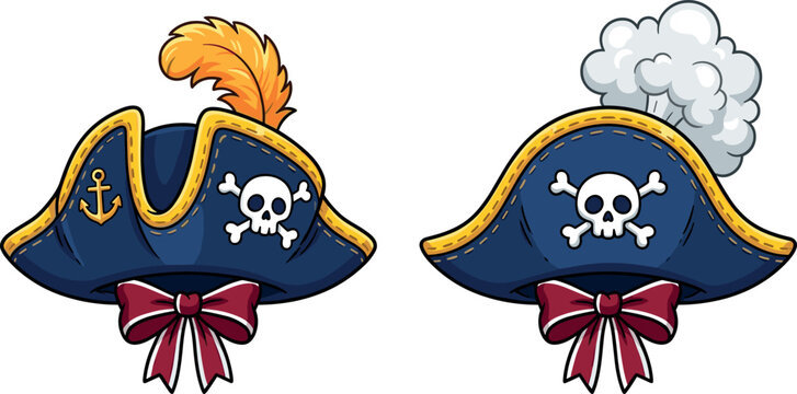 Pirate captain hat vector set with skull crossbones anchor feather and ribbon isolated on white background