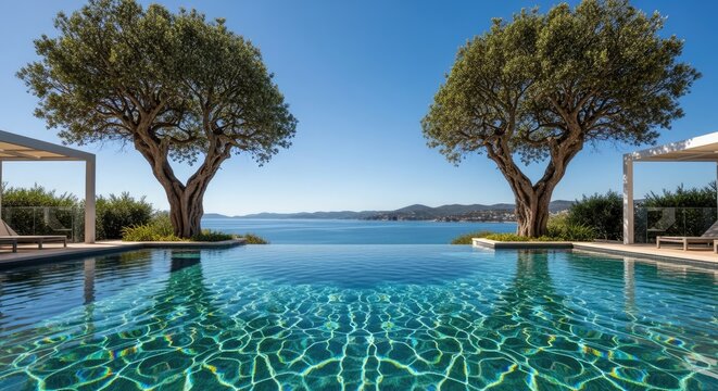Modern infinity swimming pool with coastal view and trees