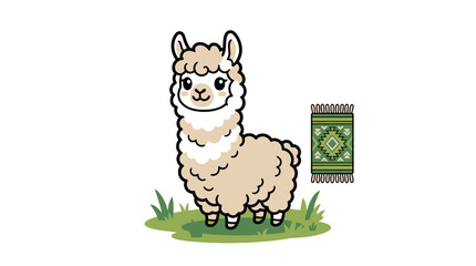 Fototapeta premium Cute cartoon alpaca standing on grass next to peruvian rug icon