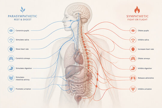 A diagram illustrating the contrasting effects of the parasympathetic (rest & digest) and sympathetic (fight or flight) nervous systems on the human body.
