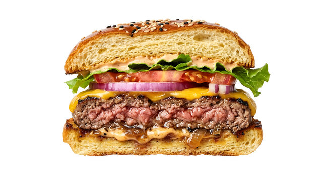 Premium Beef Burger Cut In H Isolated On Solid White Background