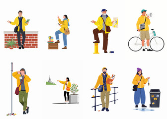 Fototapeta premium Set of diverse characters in yellow jackets engaged in various outdoor activities like sightseeing, navigating, and exploring in an urban environment.