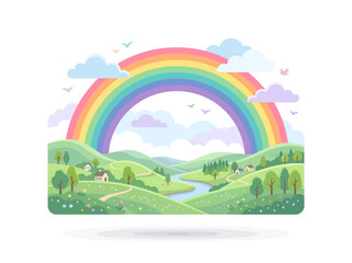 Obraz premium Vibrant Rainbow Arching Over Peaceful Green Hills and Winding River Illustration.