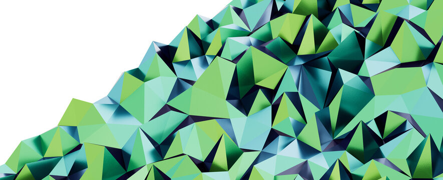 Dynamic low poly abstract landscape with sharp geometric shapes and vibrant green and blue tones.