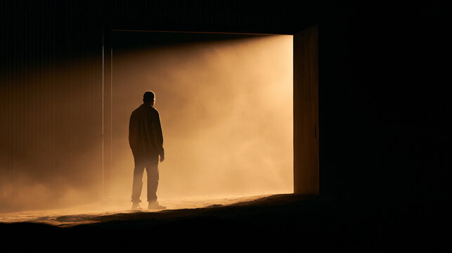 A solitary figure stands silhouetted against a blindingly bright, dust-filled doorway, suggesting a journey into the unknown or a transition to a new phase.