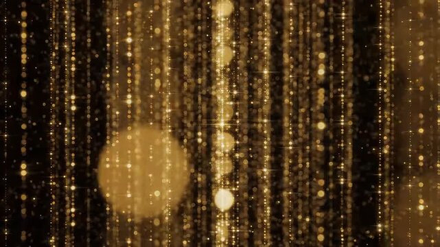 Abstract golden glitter background with shimmering bokeh lights and sparkling vertical streaks
