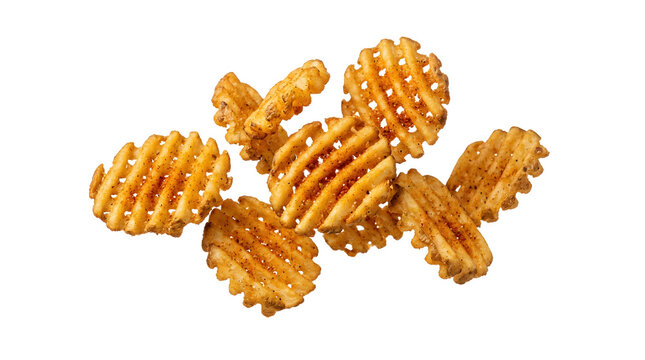 Crispy Waffle Fries Floating I Isolated On Solid White Background