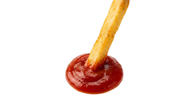 Single Golden French Fry Dip Isolated On Solid White Background