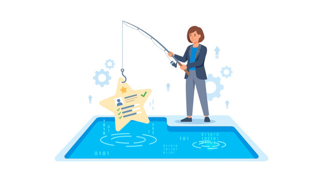 Professional HR manager fishing for top talent candidates in a digital data pool flat design vector illustration.