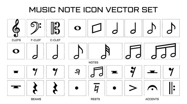 Music Note Icon Vector Set: Clefs, Notes, Rests, Accents
