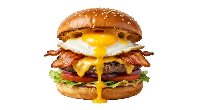 Breakfast Burger With A Frie Isolated On Solid White Background