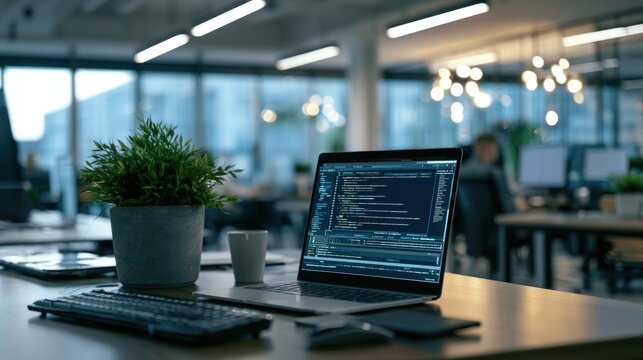 A laptop with a coding interface on a desk in an office setting.