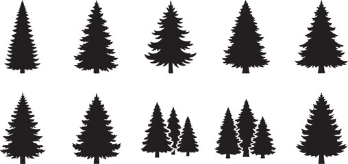 Fototapeta premium Pine Tree Silhouettes, Evergreen Forest Icons, Black Tree Shapes, Vector Graphics