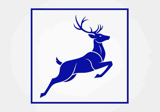 Jumping deer silhouette within a blue square design illustration on white backdrop