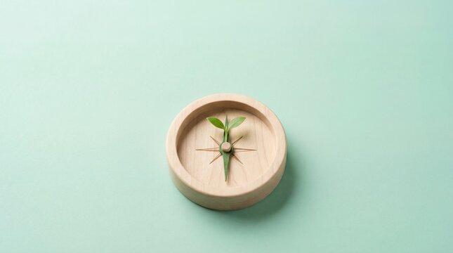 Emblematic top-down view of a delicate green sprout emerging from a simple wooden disk, symbolizing organic growth, sustainable direction, and fresh beginnings on a serene teal backdrop