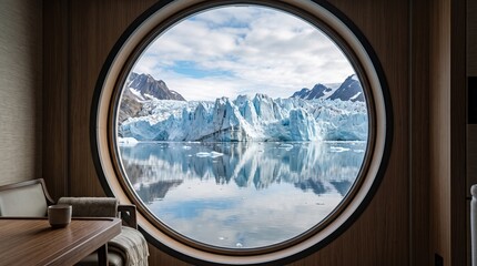 Fototapeta premium Stunning Glacier View from a Cruise Ship Porthole Window