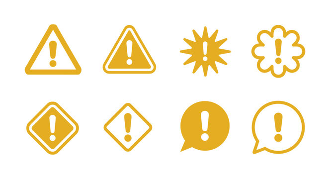 Set of Warning Icons. A collection of yellow warning symbols featuring an exclamation mark, presented in various shapes and styles, conveying caution and alerts.