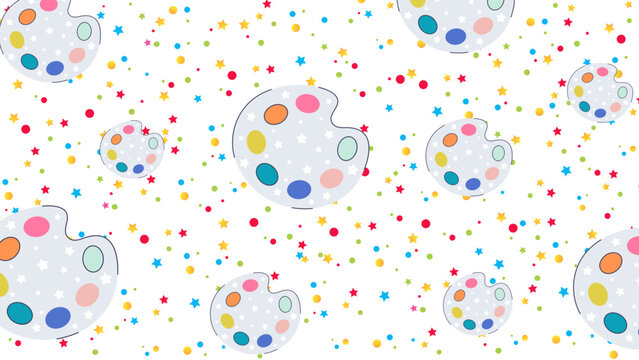 Whimsical background featuring cartoon artist palettes with colorful paint splotches, scattered stars, and dots. Ideal for children's art, creative themes, or party designs.
