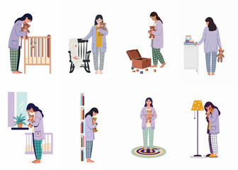 Illustrations of a grieving mother mourning the loss of an infant, depicting sadness, miscarriage, and bereavement through scenes with a nursery and teddy bear.