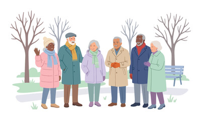 Fototapeta premium Diverse senior group in winter clothing standing in park vector