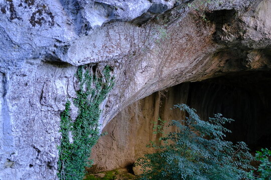 Narrow rocky canyon with mossy cliffs and dark cave entrance in nature
