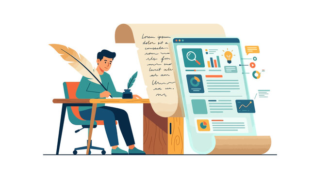 Professional content creator writing blog post with data analytics and SEO tools flat design vector illustration.