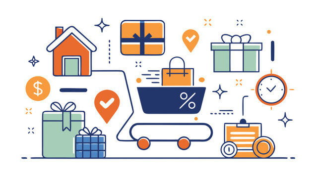 Home delivery services and online shopping cart with gifts in flat line illustration