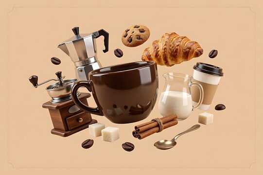 Floating Coffee Cup with Coffee Maker Grinder and Pastries on Beige Background 3D Render