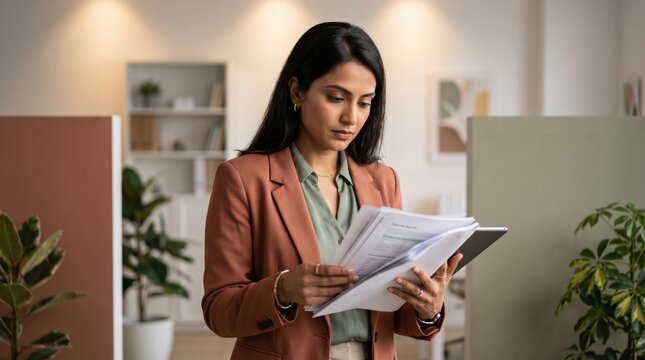 Professional woman reviewing documents in modern office, focused expression and confident posture conveying concentration and productivity