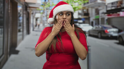 Fototapeta premium Woman in santa hat shrugs with palms up on street, wearing red shirt and showing hands gesture with a smirk; bemused holiday.