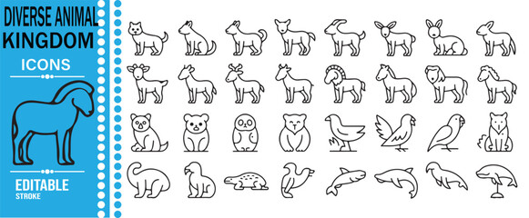 Dinosaur Kingdom Outline Icon Collection with Prehistoric Reptiles, Fossils and Editable Line Art Vector Illustrations © SANTI