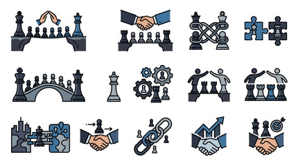 Business strategy and partnership concepts illustrated with chess pieces and bridges. © Amat