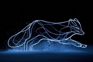 Fototapeta premium An arctic fox leaps in deep snow leaving a trail of glowing white light with snow crystals flying around it in the dark