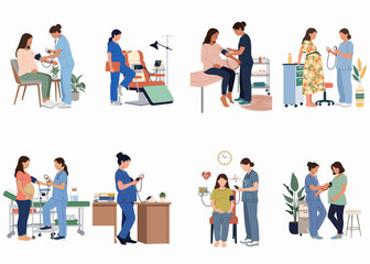 Fototapeta premium Illustrations of pregnant women receiving blood pressure checks and prenatal monitoring from healthcare professionals in various clinical settings.