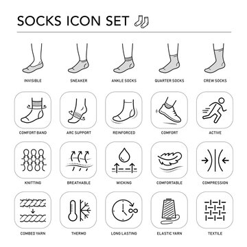Socks icon set showing different lengths of socks and specific features. The outline vector icons are well scalable and editable for packaging label design. Great for infographic. EPS10.