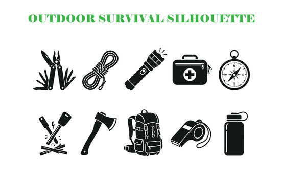 Outdoor survival tools illustrated with transparent background icons set
