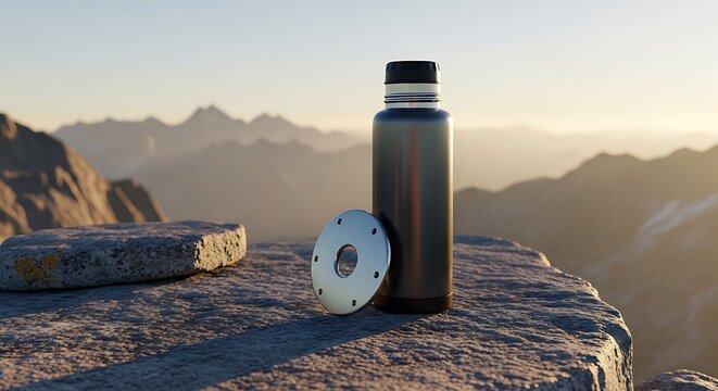 A metallic water bottle and a circular gear component set on a mountain ledge during sunrise as a symbol of the rugged lifestyle of a pinnacle tripper