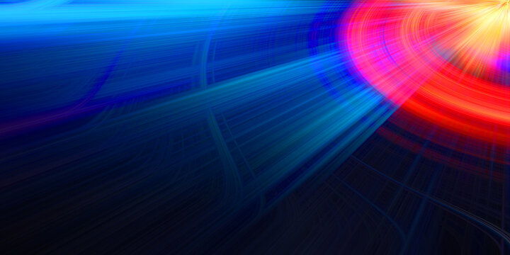 Abstract radial light explosion with blue and red rays on a dark background.
