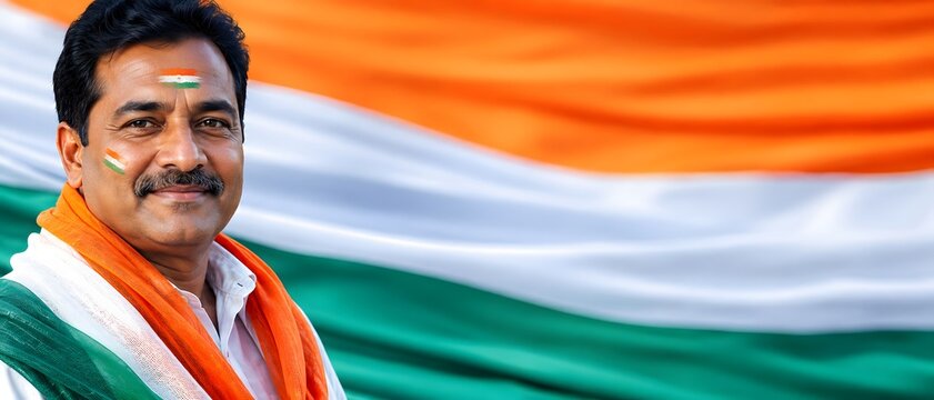 Indian man with flag colors painted on face standing in front of national flag. Portrait of happy Asian man celebrating Independence Day of India. National pride and patriotism concept.