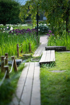 Wooden path boards lying through summer garden surrounded by flowerbeds with flowers and lawn, outdoor landscaping design, pathway along blooming flowers and decorative fence at backyard garden.