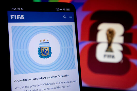 Pacitan, Indonesia - July 14, 2026 : Smartphone screen displaying the official FIFA webpage for the Argentinian Football Association (AFA) details.
