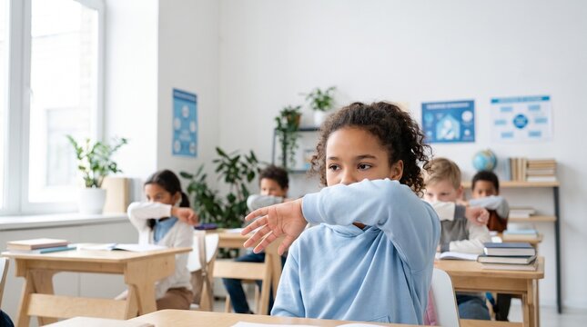 Elementary students actively practicing proper cough and sneeze etiquette in a classroom, covering mouths with elbows to prevent germ spread and promote essential hygiene
