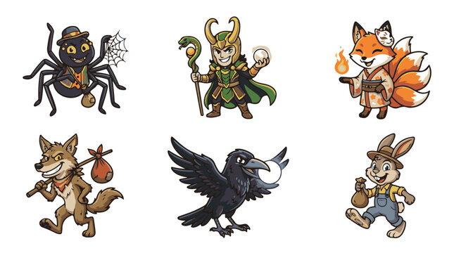 Colorful trickster figure mythology folklore vector icon set