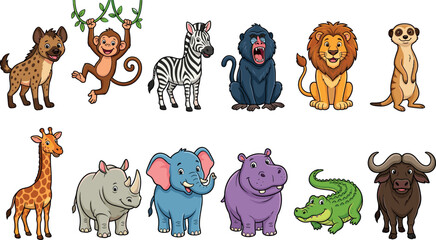 Cute African safari animals cartoon vector illustration set with lion elephant giraffe zebra monkey and wild jungle creatures © RAJU