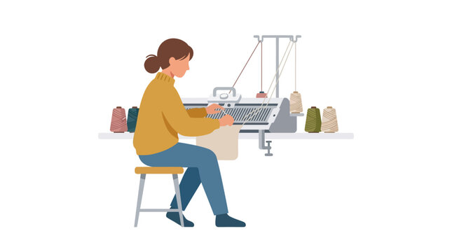 Professional knitwear designer operating manual knitting machine creating handmade garments flat vector illustration