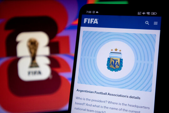 Pacitan, Indonesia - July 14, 2026 : Smartphone screen displaying the official FIFA webpage for the Argentinian Football Association (AFA) details.