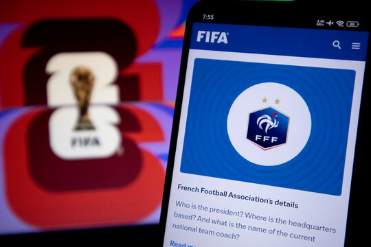 Pacitan, Indonesia - July 14, 2026 : Smartphone screen displaying the official FIFA webpage for the French Football Association (FFF) details.